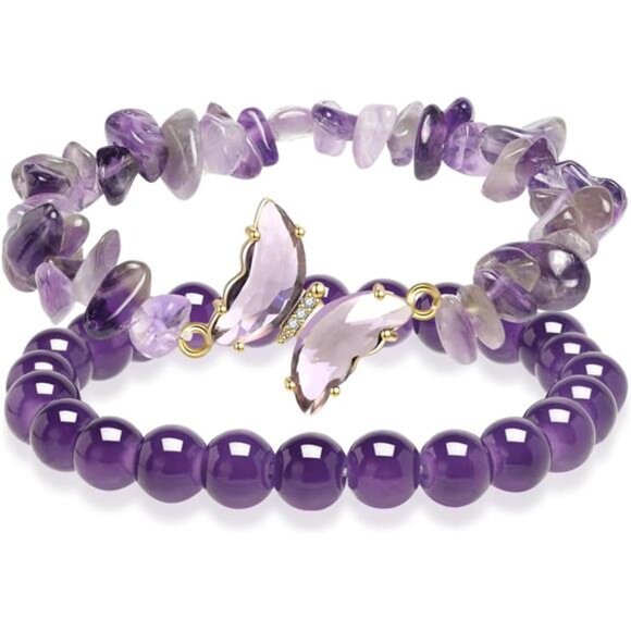 Purple Butterfly Healing Bracelet, Gift Charm Jewelry with Beaded - Picture 1 of 6